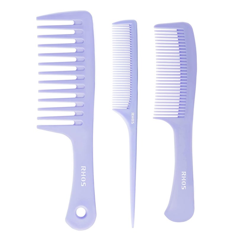 RHOS Hair Comb Set for All Hair Types and Genders - Wide, Fine Rat Tail, and Medium Detangling Combs for Styling (Purple) - Image 1
